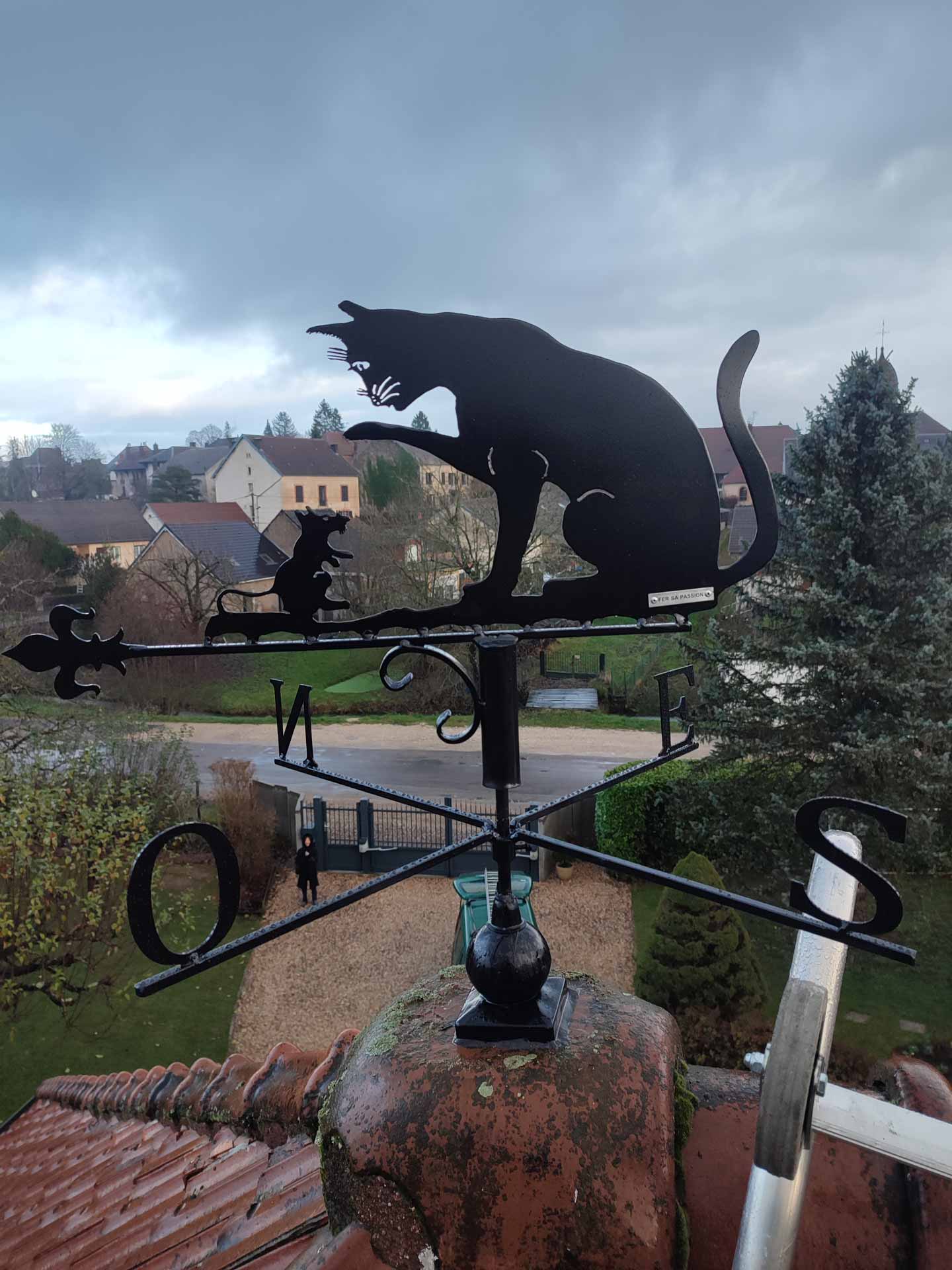 Une girouette représentant un chat et une souris. avec une vue imprenable sur le village alentours.